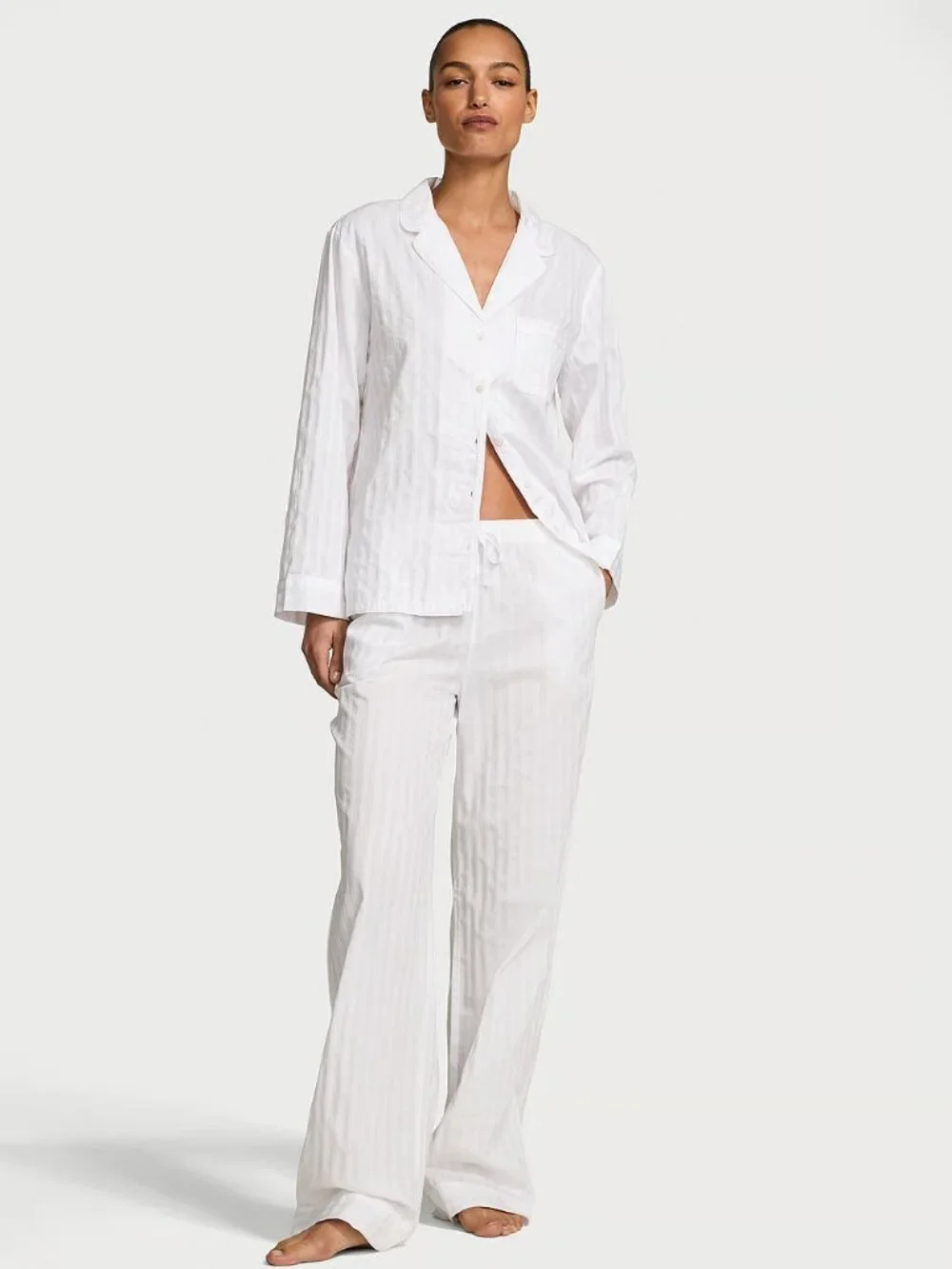 Victoria's Secret Cotton Heritage Cotton Long Pajama Set in White Stripe Med